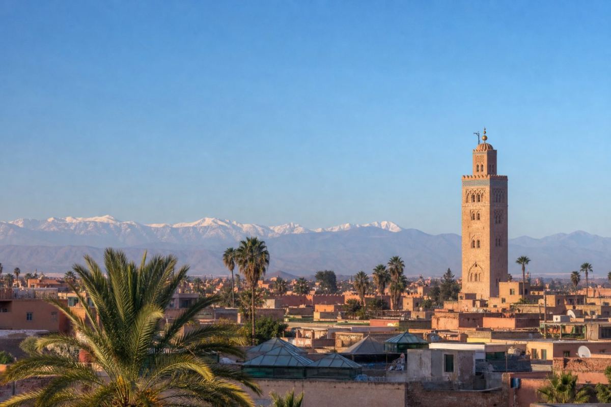 Lerfärgad medina i Marrakech med ett högt moskétorn mot blå himmel och palmer i förgrunden