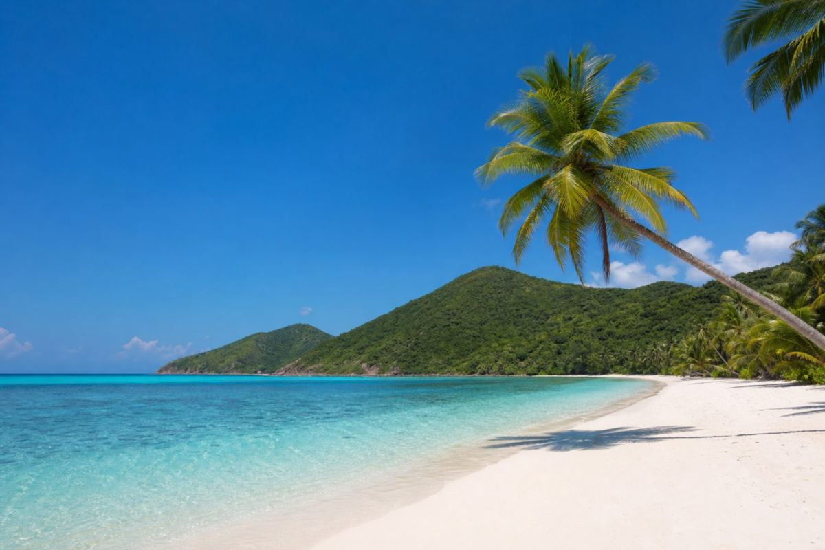 Turkos lagun med vit sandstrand och palmer på Mauritius en solig dag