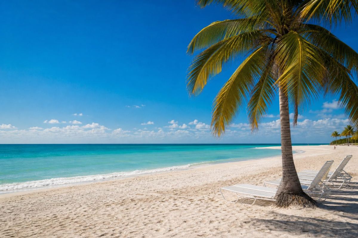 Soldränkt sandstrand i Miami med palmer och turkost hav under blå himmel