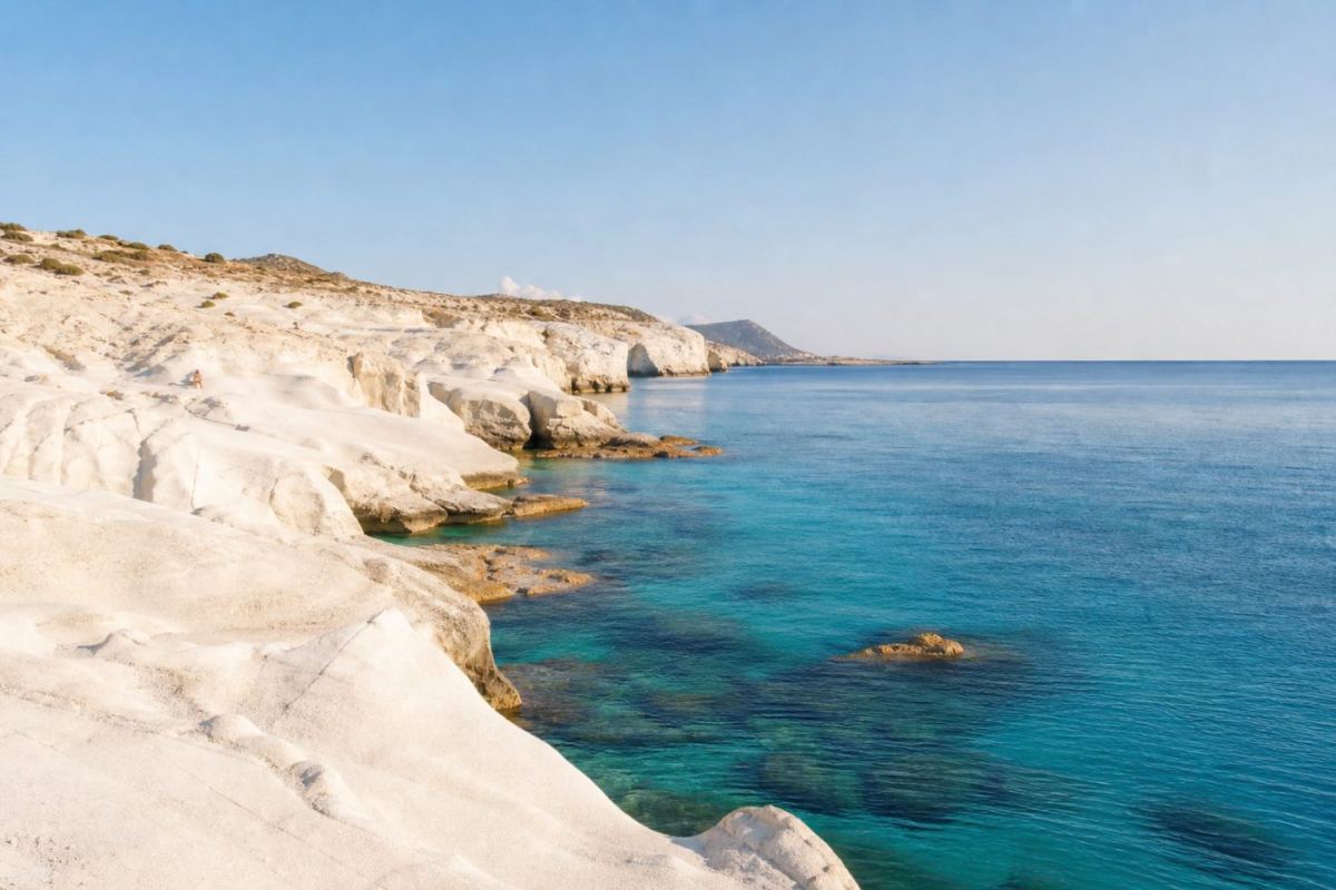 Kritvita vulkaniska klippor och turkost vatten vid en strand på Milos i Grekland