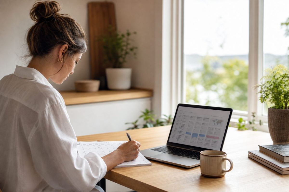 Person planerar resa vid köksbordet med kalender, kaffekopp och bärbar dator med en prisbevakning på skärmen