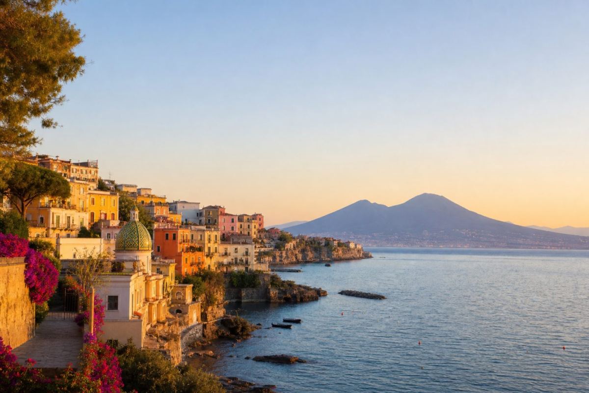 Solig vy över en italiensk kuststad vid Medelhavet med pastellfärgade hus och en vulkan i bakgrunden