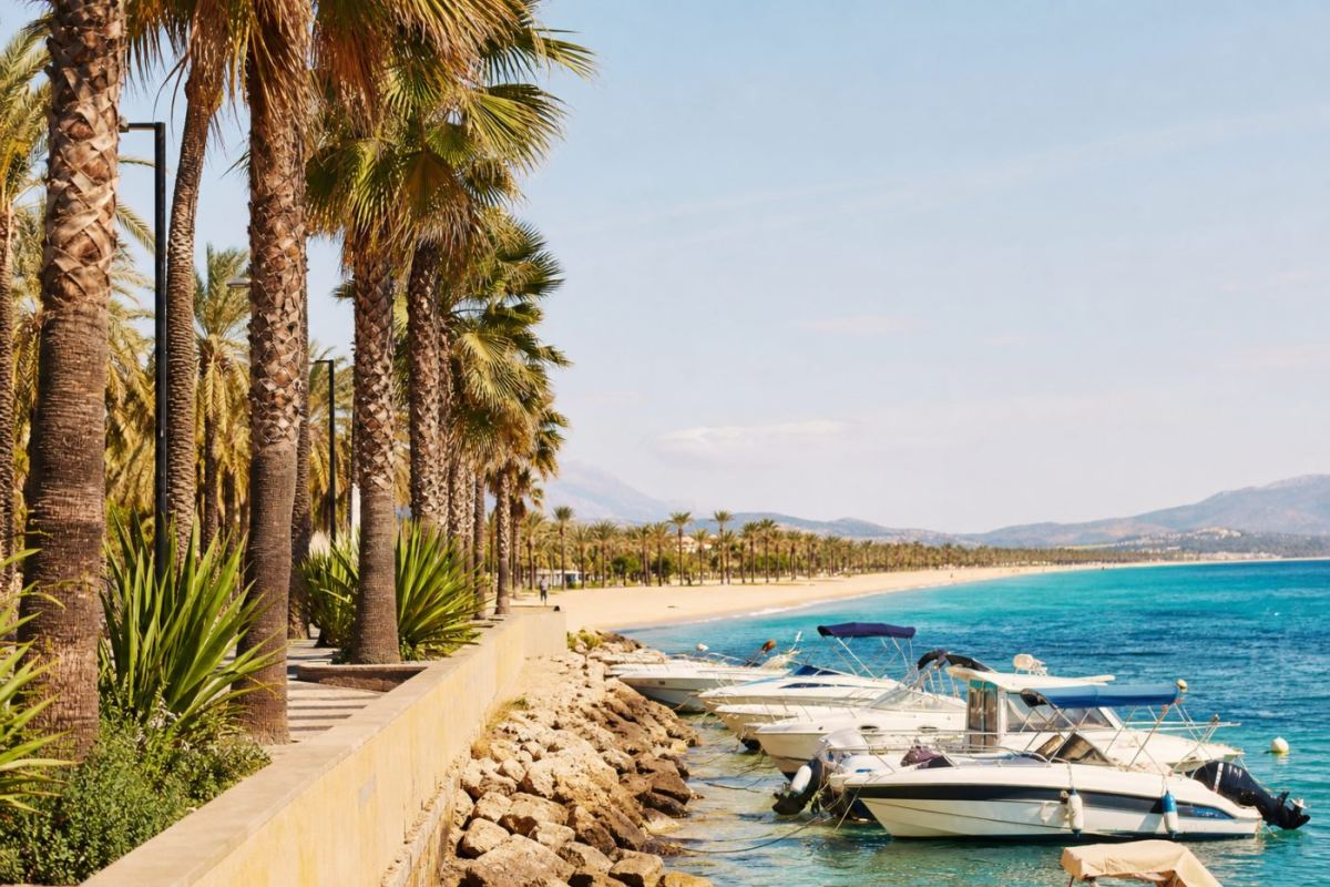 Solig hamnpromenad med palmer och sandstrand i Palma de Mallorca, Spanien