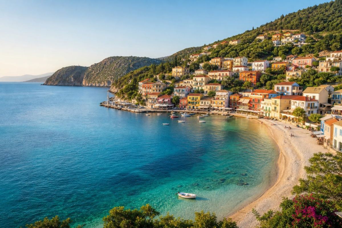 Parga med färgglada hus i amfiteater runt en vik och venetiansk borg på berget vid Joniska havet