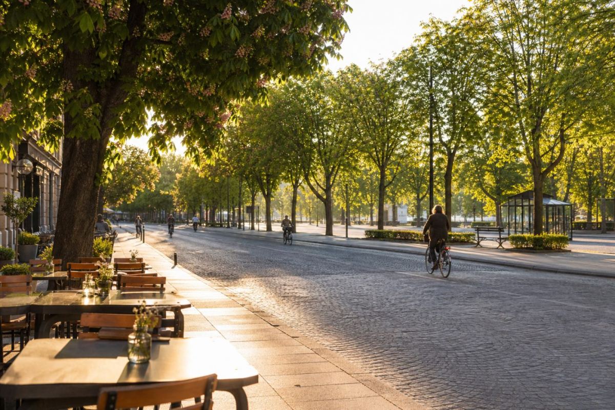 Solbelyst parisisk boulevard med kafébord, blommande kastanjer och cyklister en vardag på våren