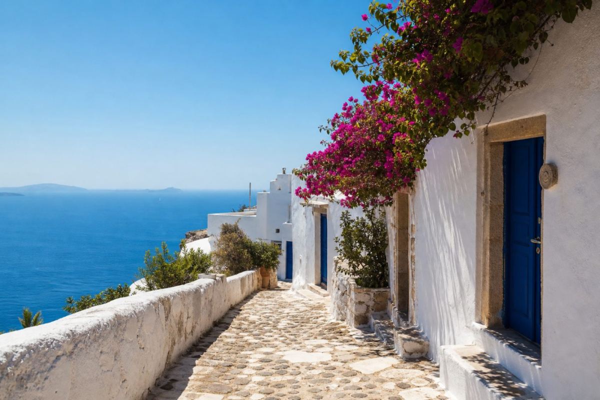 Vitkalkade hus och smal stengränd i en kykladisk by på Paros en solig sommardag