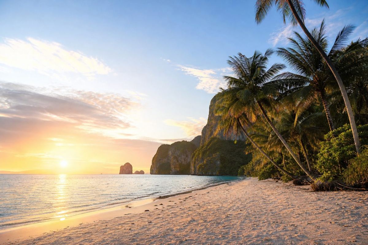Solnedgång över en tropisk strand på Phuket med palmer, vit sand och turkost vatten i Andamansjön