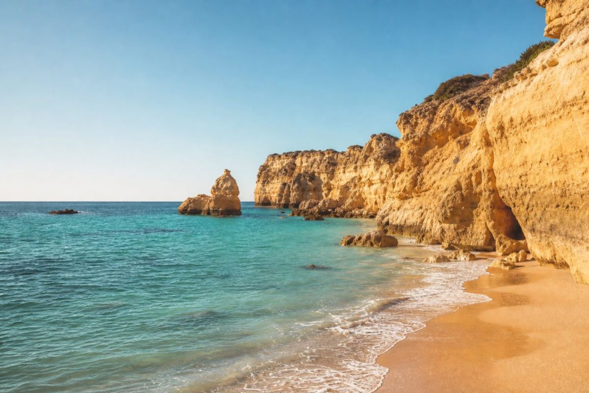 Solbelyst klippstrand med gyllene sandsten och turkost hav längs Portugals sydkust