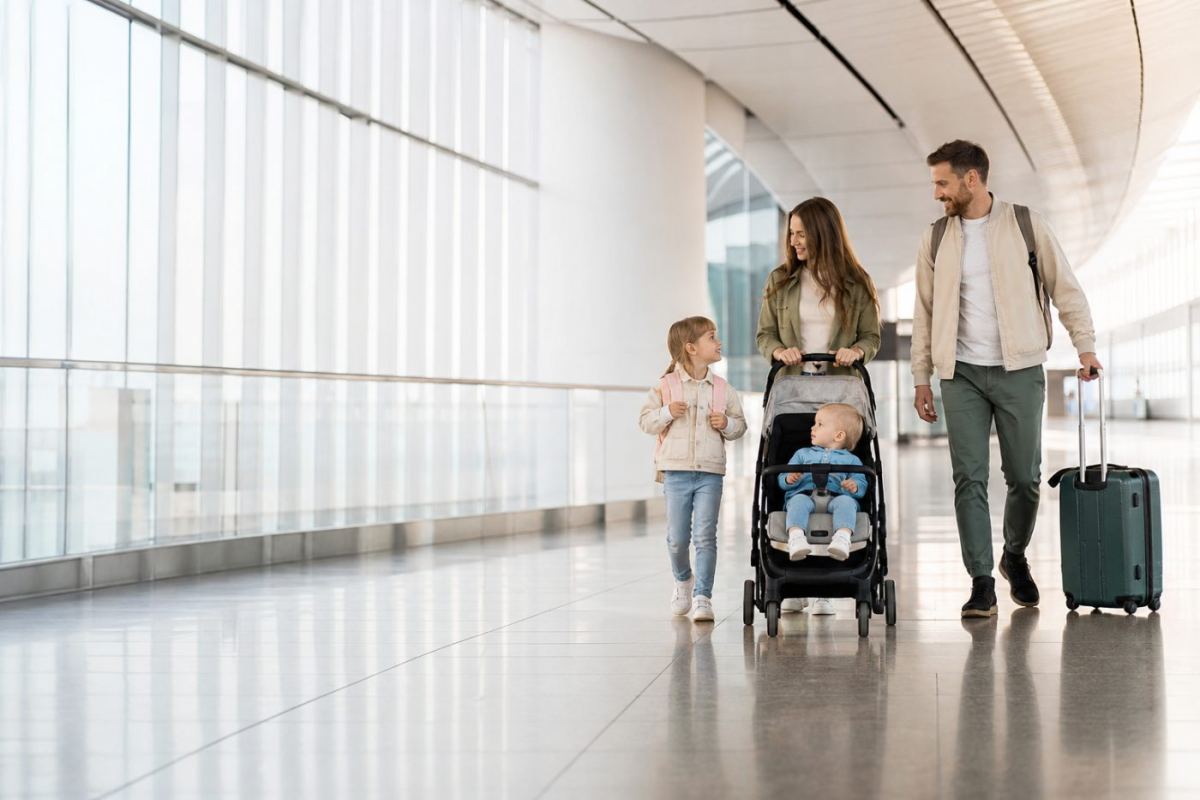 En familj med barn på väg genom en flygplats med resväskor och barnvagn