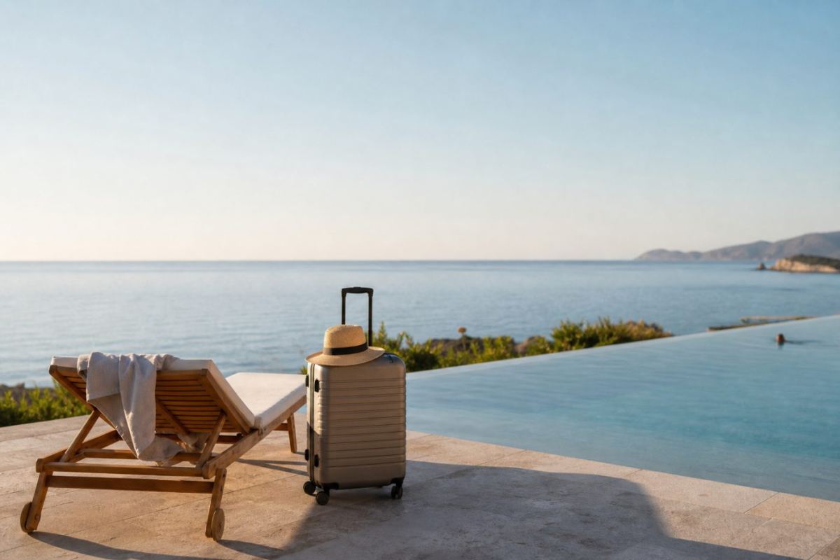 Solstol och resväska vid en pool nära havet en sen eftermiddag, redo för en sista minuten-resa