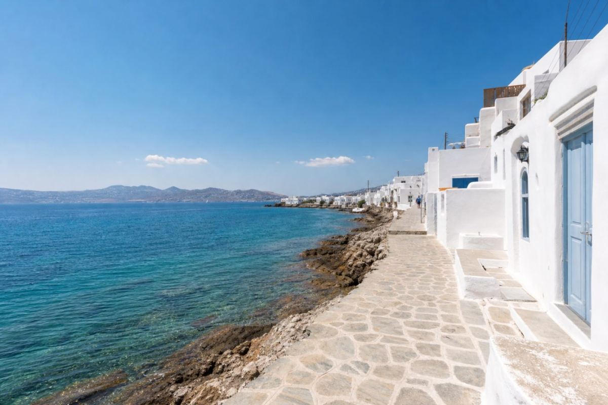 Vitkalkade hus och en stenig kustlinje med klarblått medelhav på Rhodos en solig sommardag