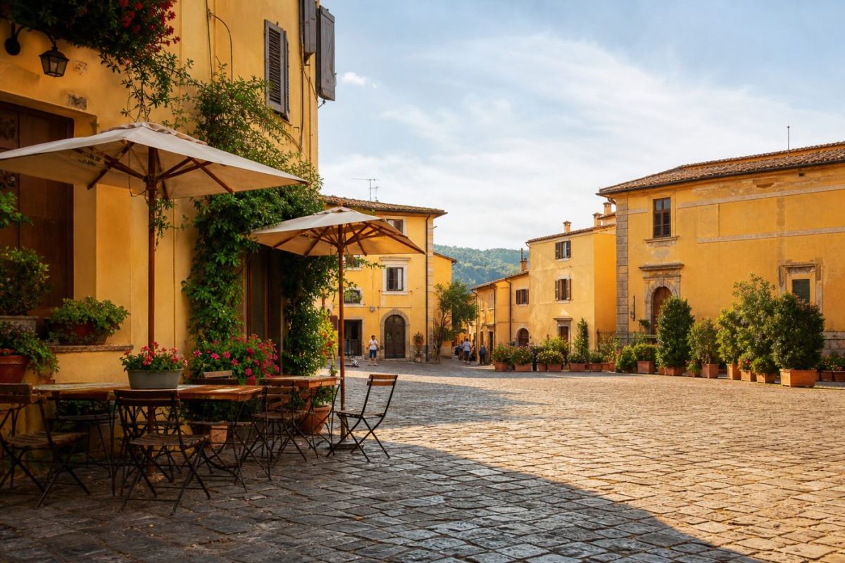 Solbelyst piazza med kullerstensgator och kaféer i en italiensk storstad