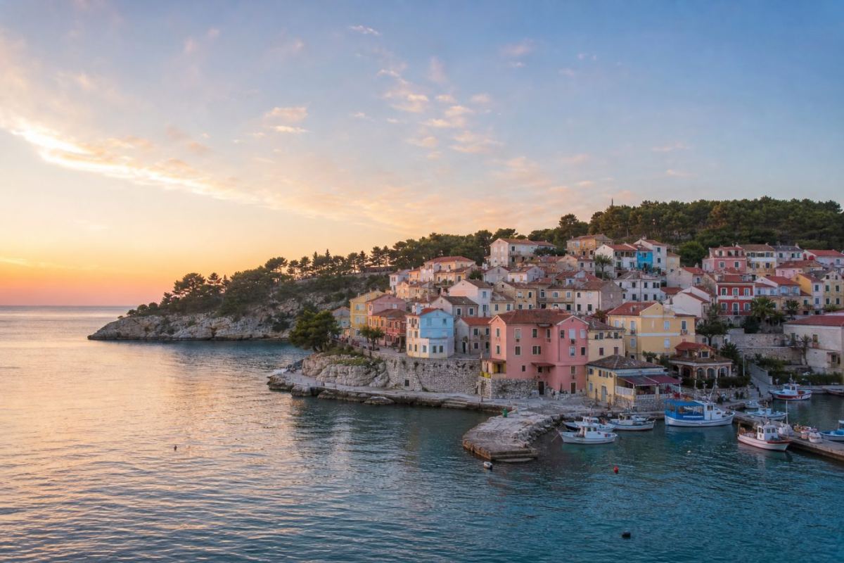 Pastellfärgade hus och hamn i Rovinjs gamla stan på Istrienhalvön i Kroatien