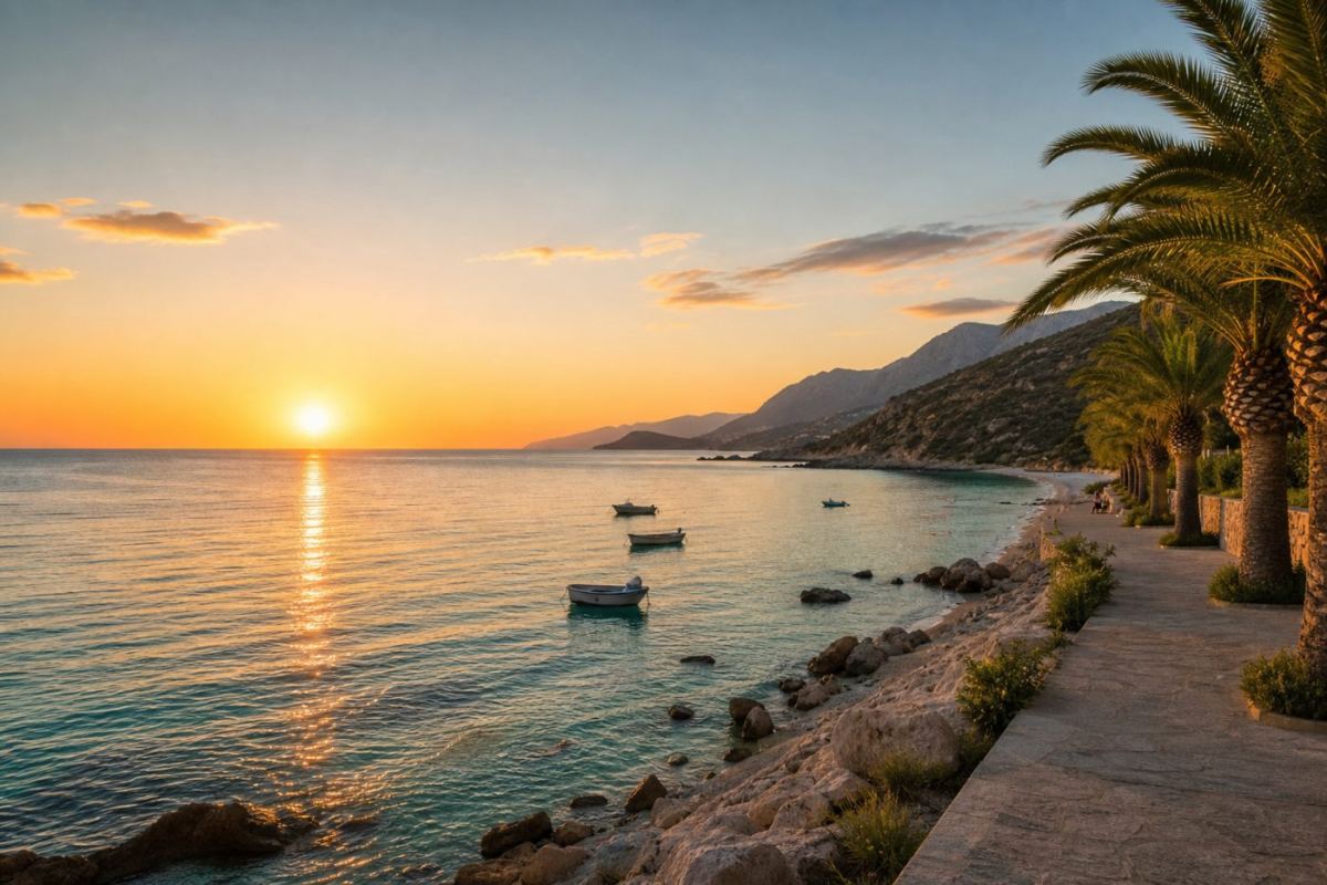 Solnedgång över en turkos havsvik vid Albanska rivieran med palmkantad strandpromenad