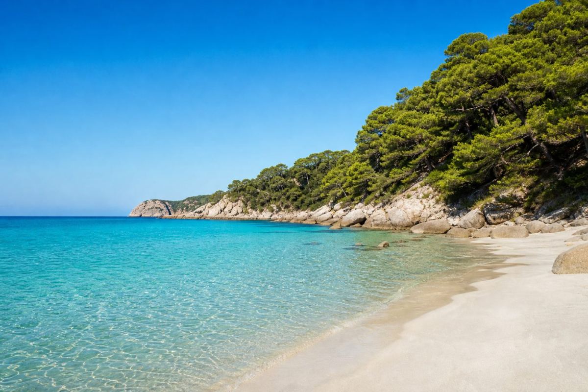 Turkos vik med vit sandstrand och pinjeskog längs Sardiniens kust i sommarsol