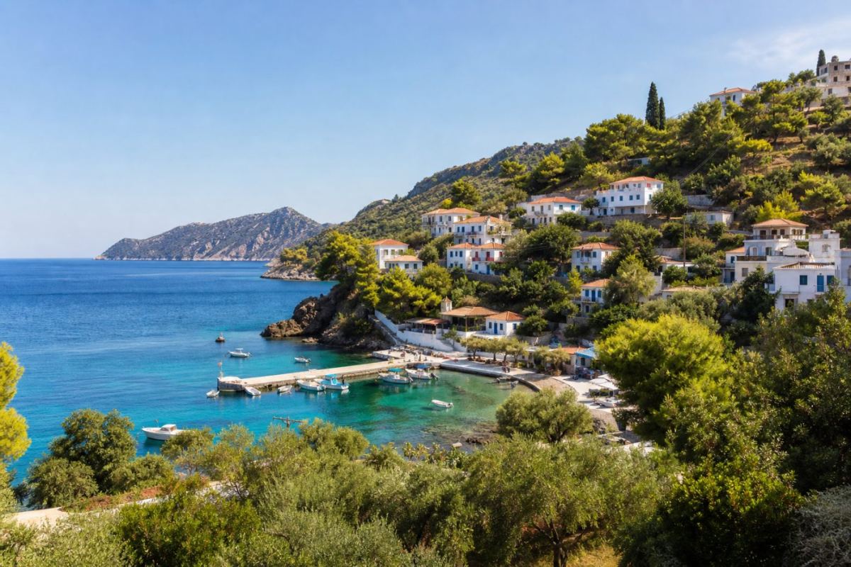 Vitkalkade hus och en liten hamn på Skopelos omgiven av gröna pinjeskogar och turkost vatten