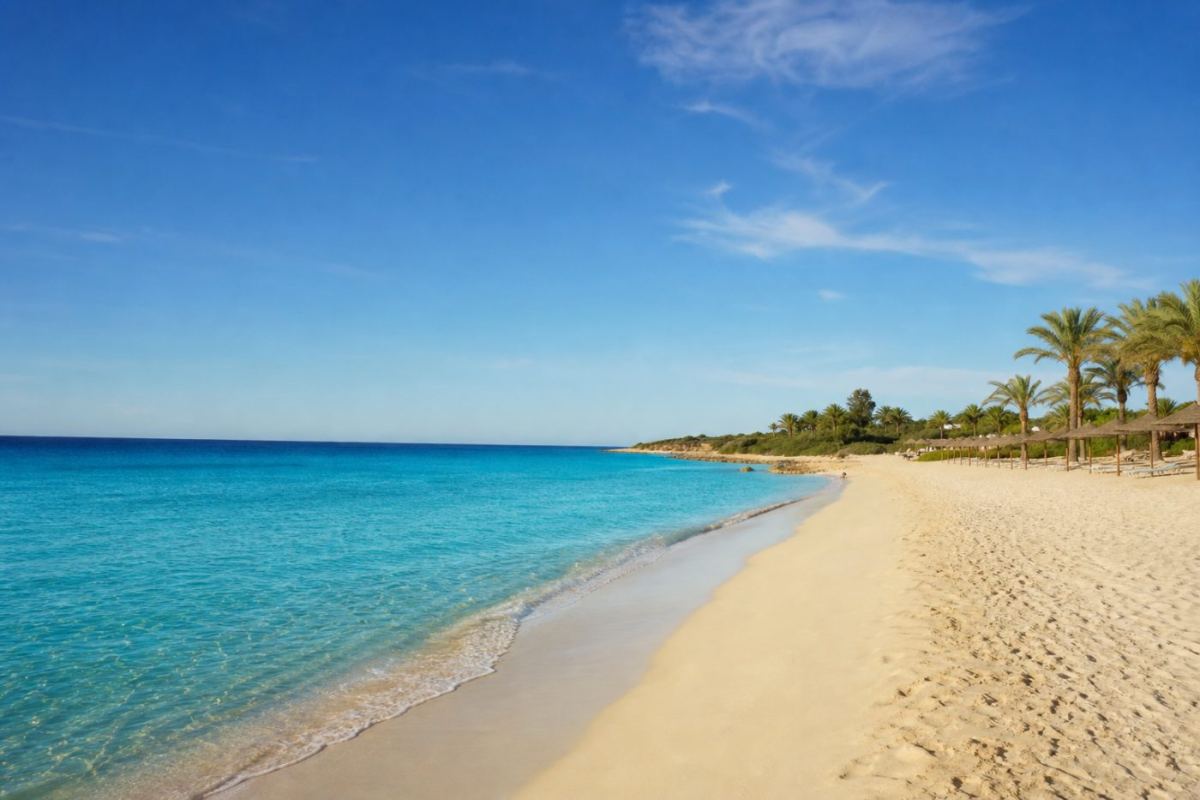 Solig spansk kuststrand med palmer och turkost hav en sommardag