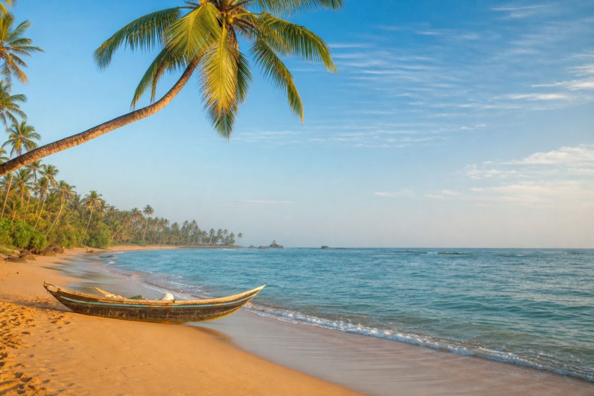 Palmkantad sandstrand på Sri Lanka med turkost vatten och en fiskebåt i Indiska oceanen