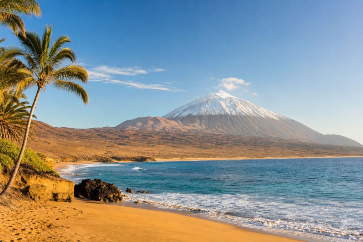 Vulkanlandskap och palmkantad badort på Teneriffa med Atlanten i bakgrunden