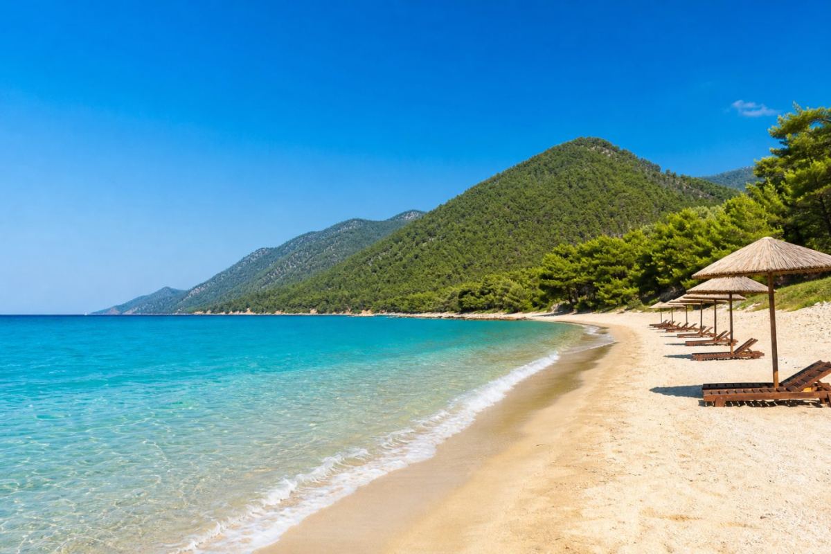 Grönskande kust på Thassos med sandstrand, klart turkost vatten och pinjeklädda berg i bakgrunden