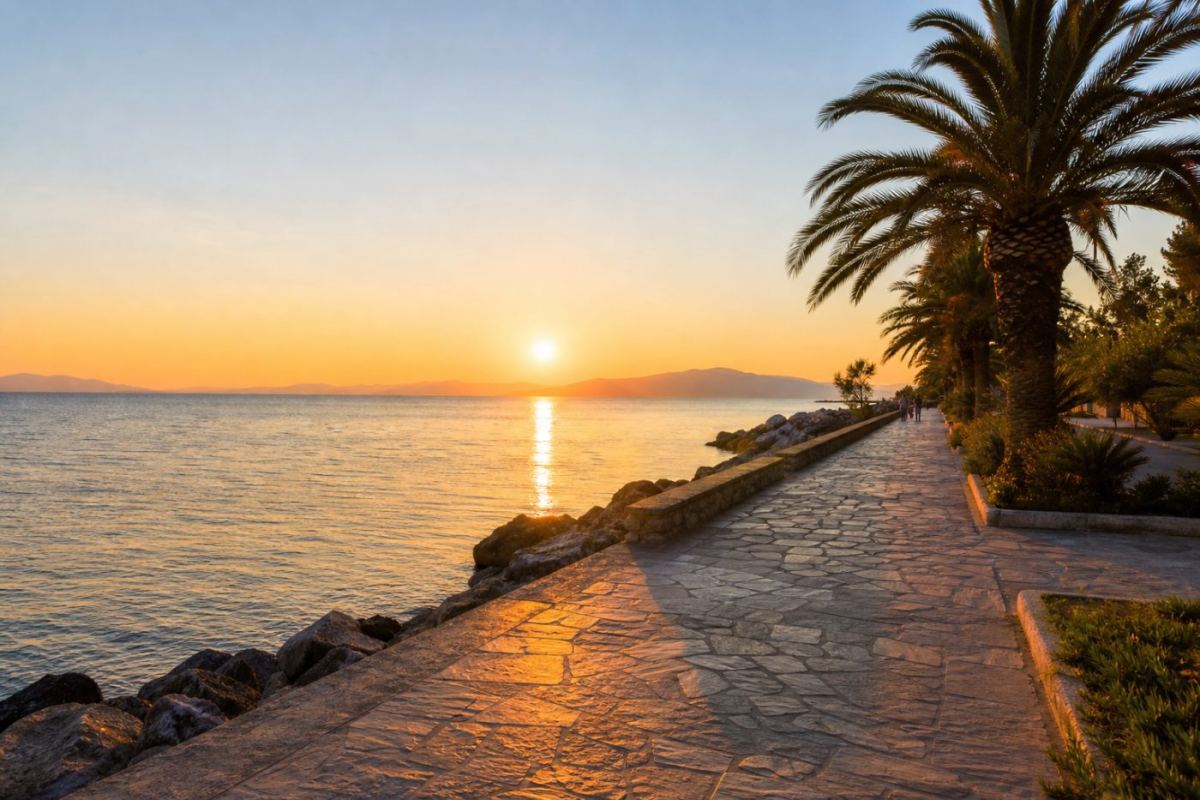 Solbelyst strandpromenad längs en grekisk hamnbukt i Thessaloniki med palmer och blått hav