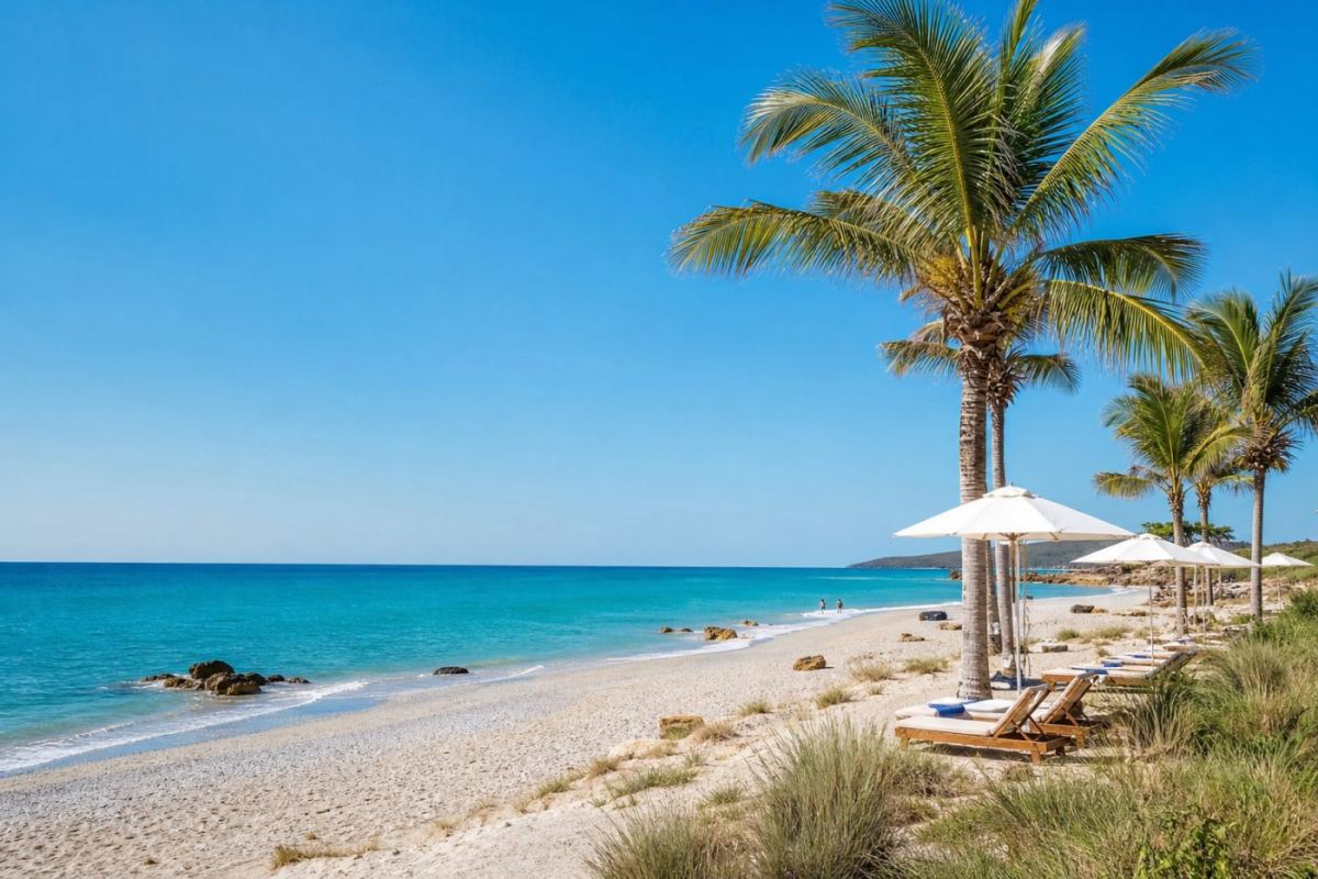 Solig sandstrand vid Medelhavet i Tunisien med palmer och turkost vatten