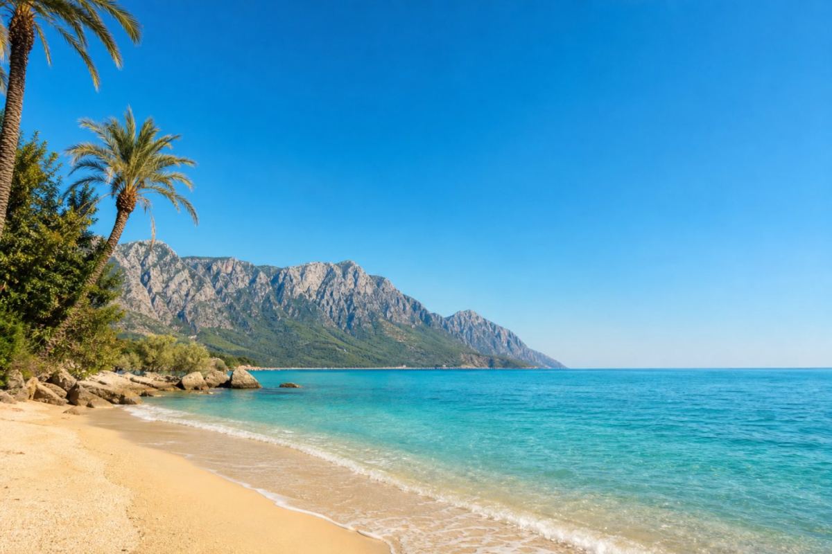 Solbelyst medelhavsstrand i Turkiet med turkost vatten, palmer och bergskedja i bakgrunden