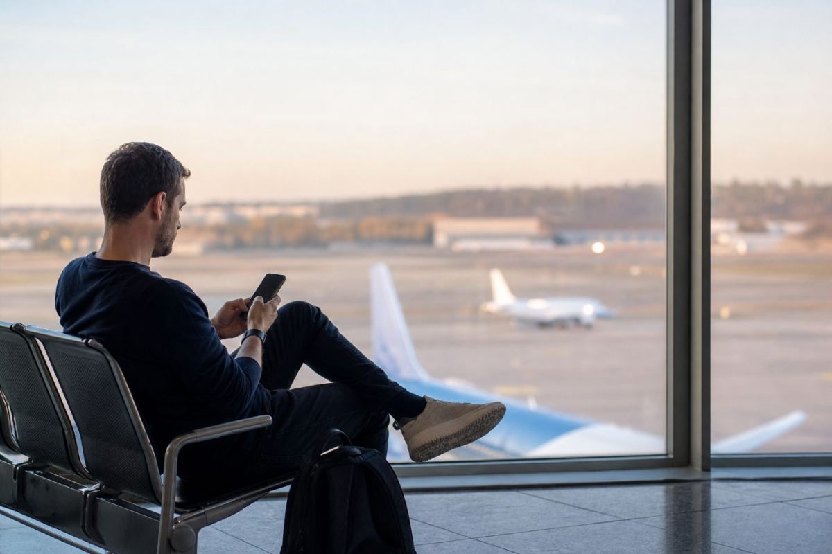 Resenär som läser reseinformation i mobilen vid ett avgångsfönster på en flygplats