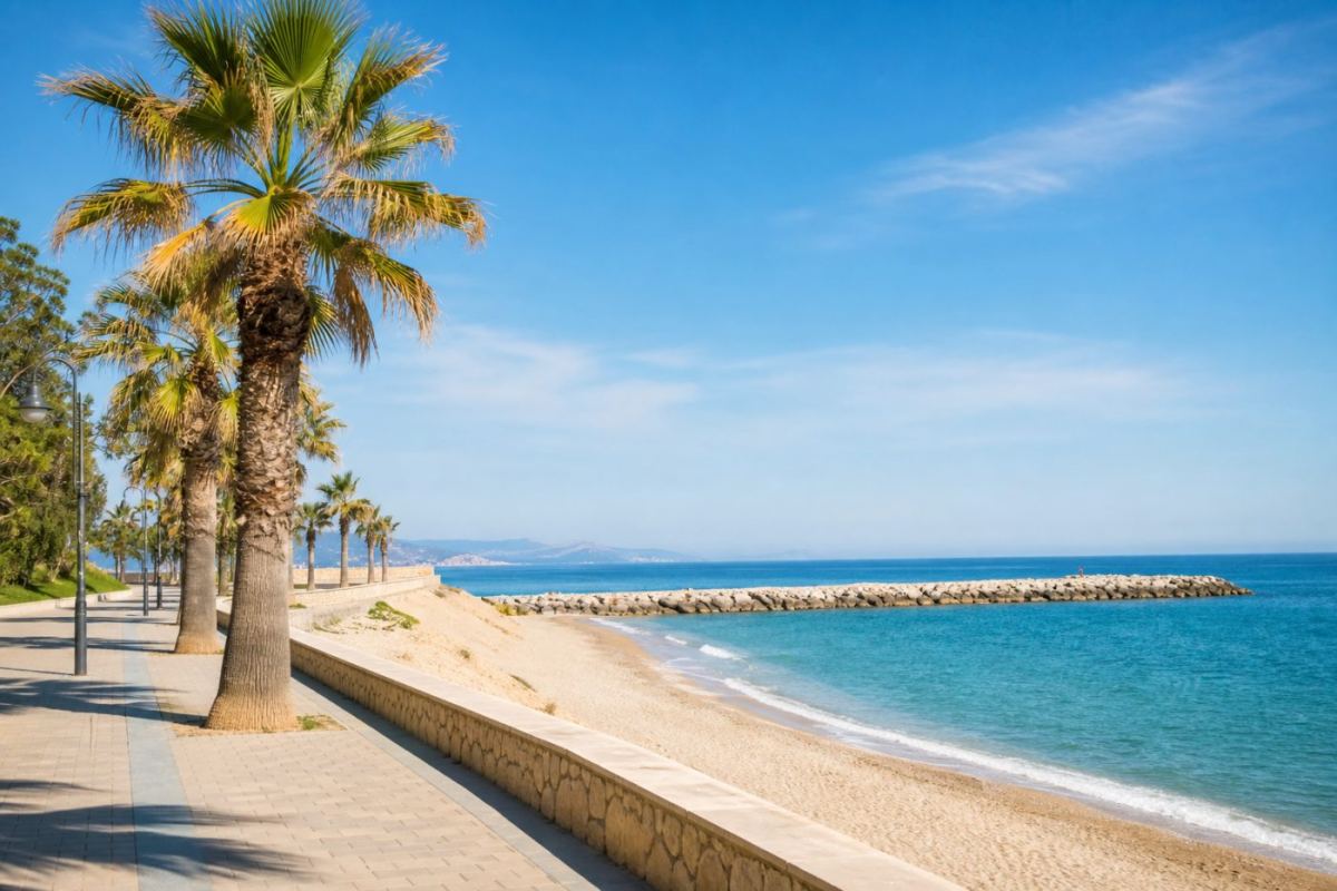 Solig strandpromenad vid Medelhavet i Valencia med palmer och turkost vatten