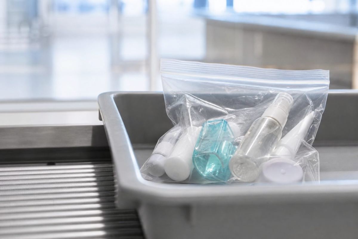 Genomskinlig plastpåse med små reseflaskor, tandkräm och nödvändigt i en bricka vid en flygplatskontroll