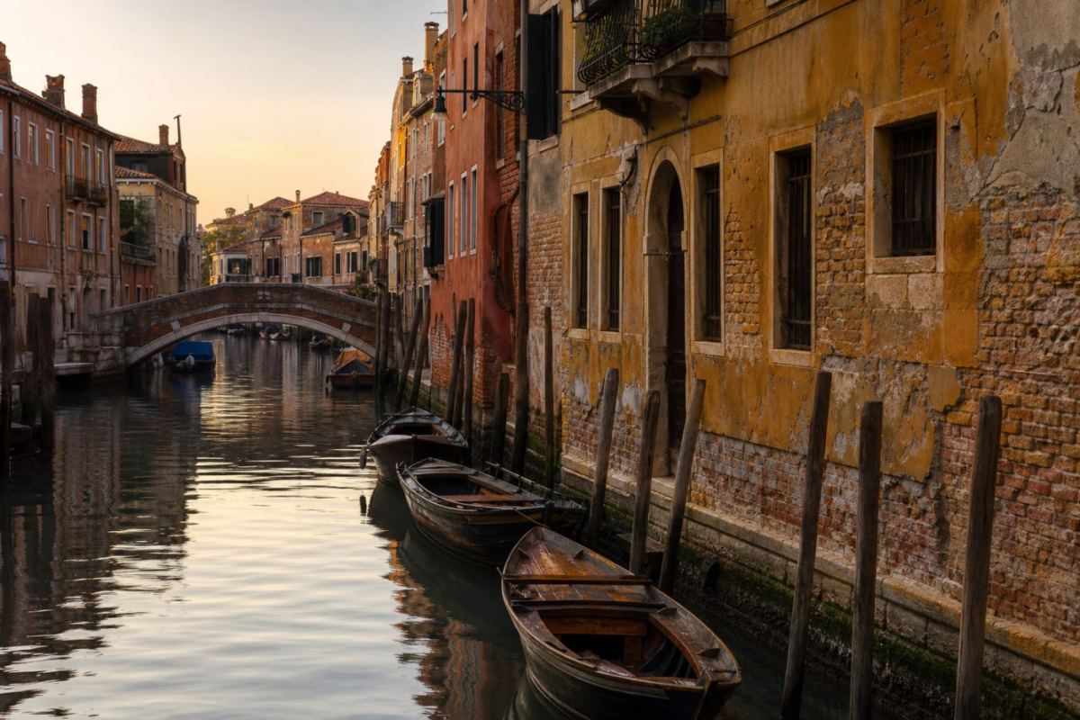 Smal kanal i Venedig med förtöjda båtar och färgglada husfasader i kvällsljus