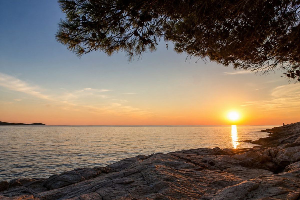 Solnedgång över Adriatiska havet vid Zadars strandpromenad med pinjer och lugna vågor